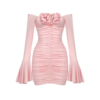 2023 Naujas Rožinės spalvos Blyksnius Rankovėmis Velniop Kaklo Moterų Mini Suknelė Seksualus Slim Fit Elastinga Kartus Aplikacijos Gėlių Suknelė