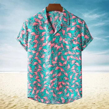 Havajų vyrų flamenko tapybos marškinėliai, beach party, trumparankoviai atostogų drabužių, vasaros, 2023